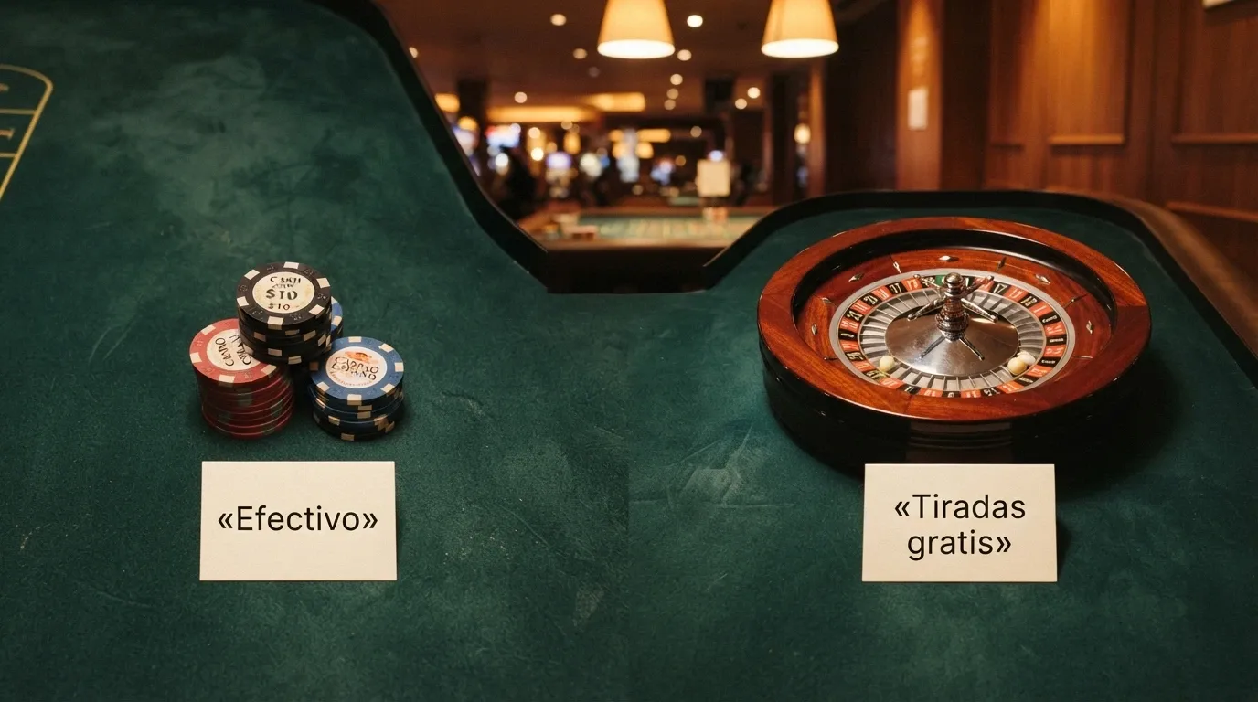 Dos caminos que se bifurcan en una mesa de juego: a la izquierda, un montón de monedas con la etiqueta «Efectivo»; a la derecha, una ruleta con el texto «Tiradas gratis» iluminado