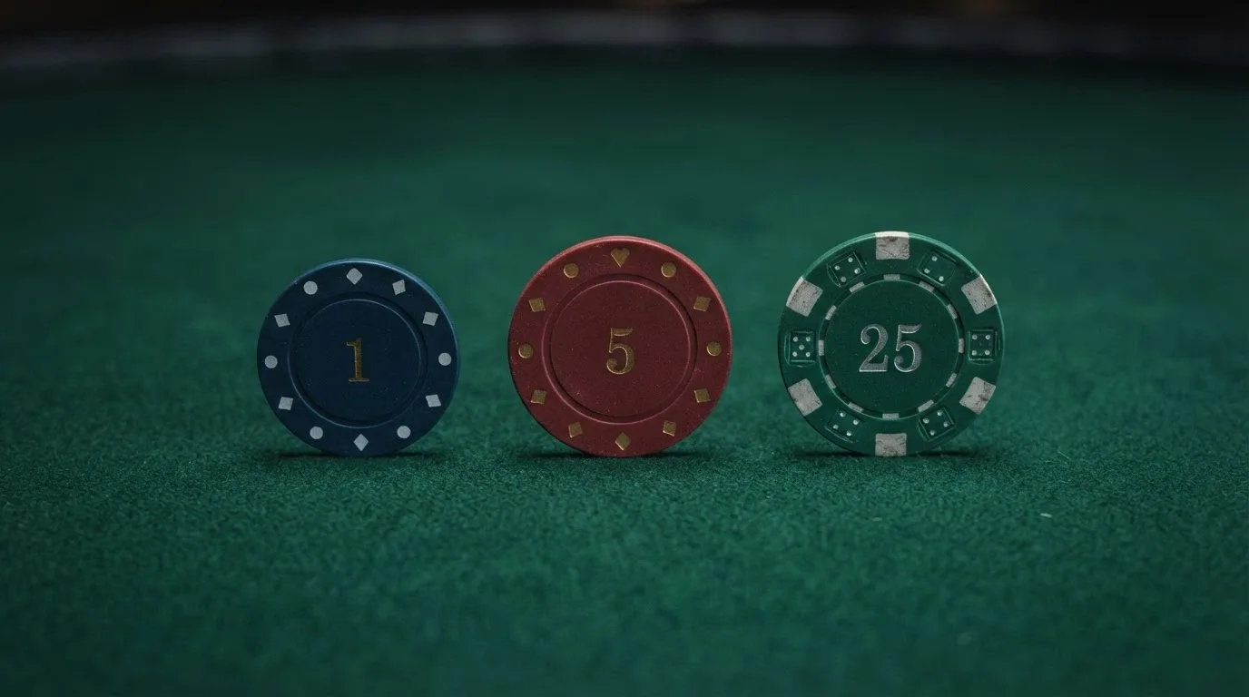 Una comparación visual de tres fichas de casino con distintos valores y condiciones escritas en letra pequeña superpuesta