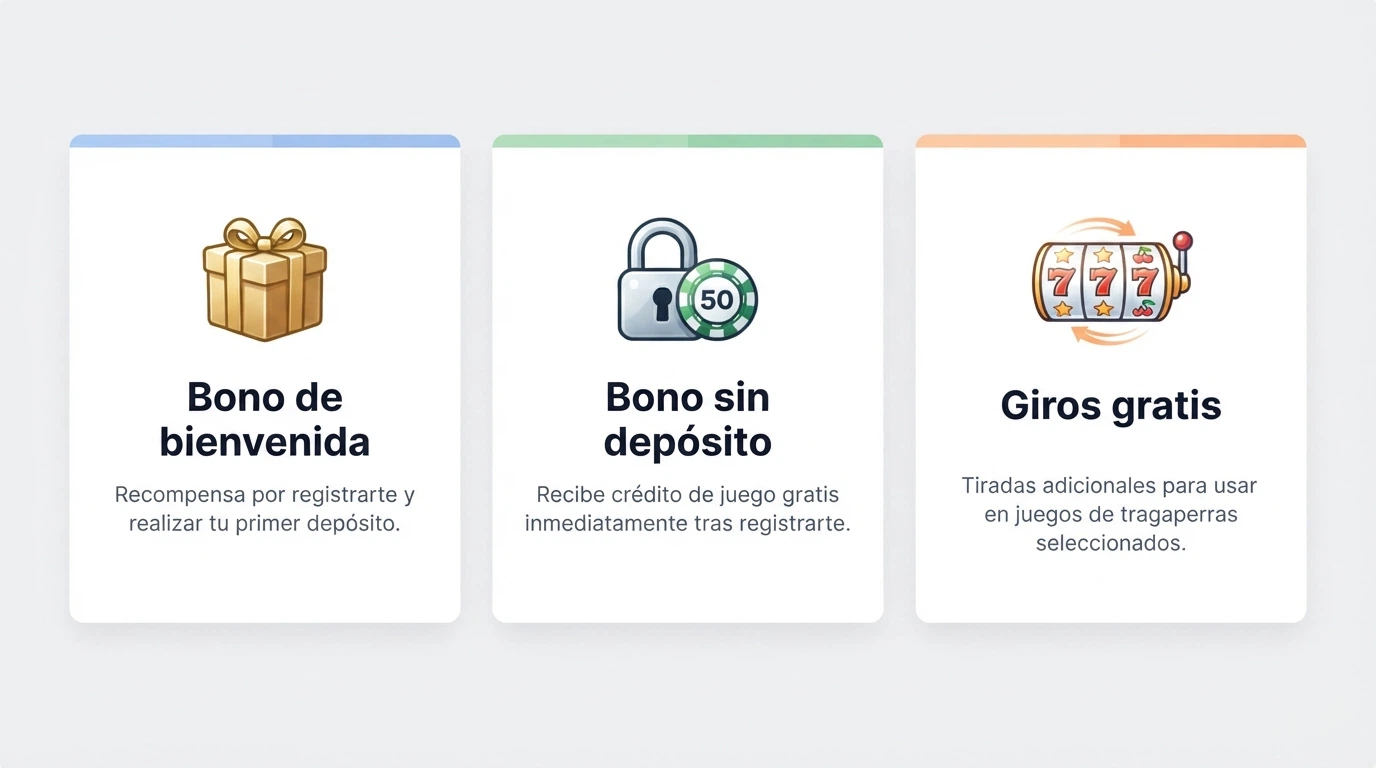 Tres columnas que comparan visualmente bono de bienvenida, bono sin depósito y giros gratis, cada una con su icono distintivo