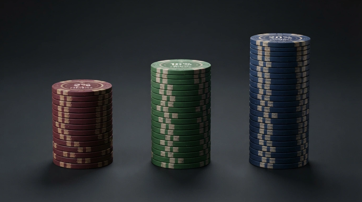 Tres columnas con fichas de distinto color que representan el cashback diario, semanal y mensual, cada una con un porcentaje distinto.