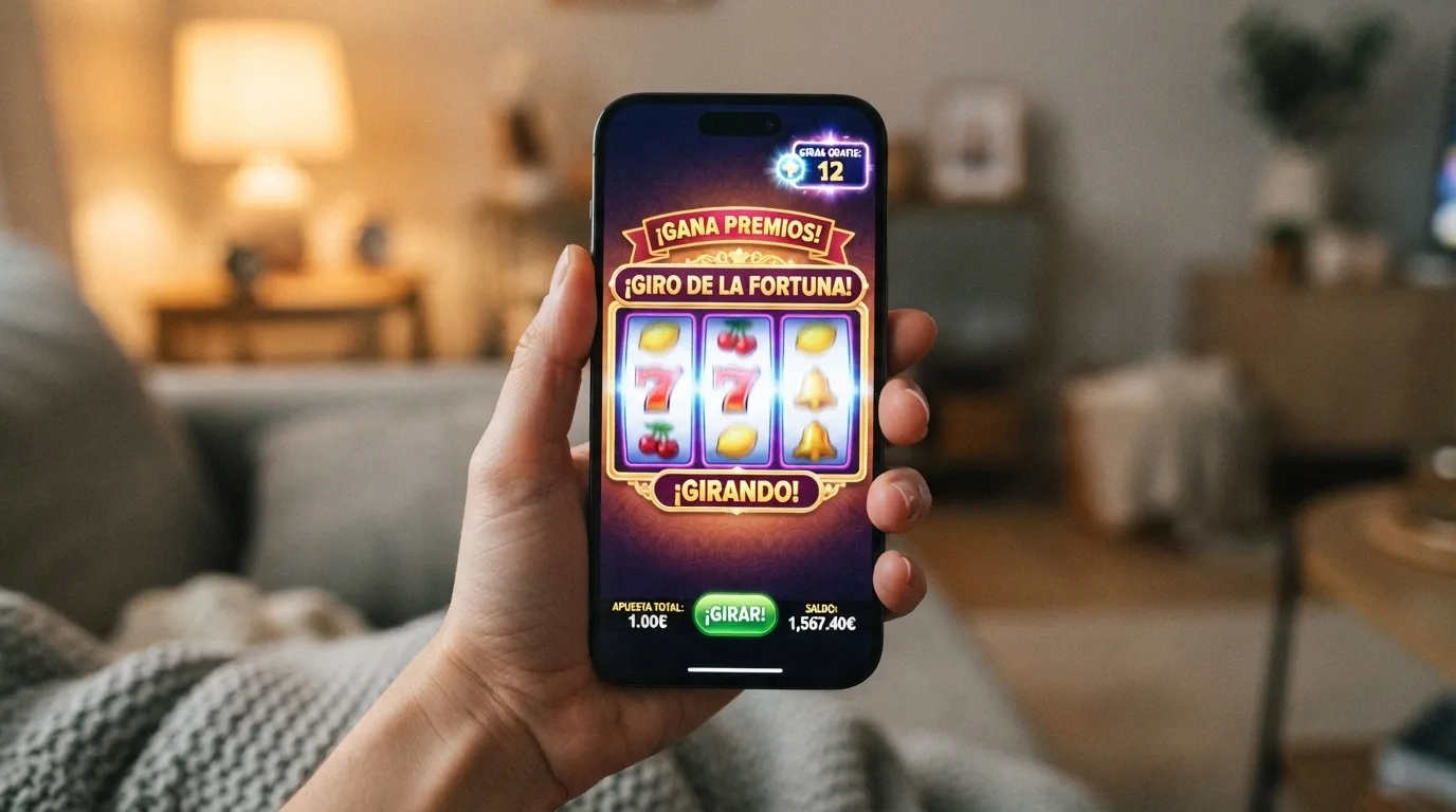 Mano sosteniendo un móvil con una pantalla de slot girando sus rodillos y el contador de tiradas gratis visible