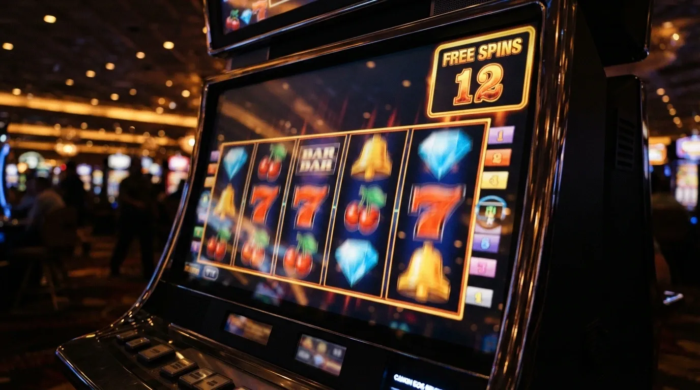 Primer plano de una ruleta de slot digital con el contador de tiradas gratis activo en pantalla
