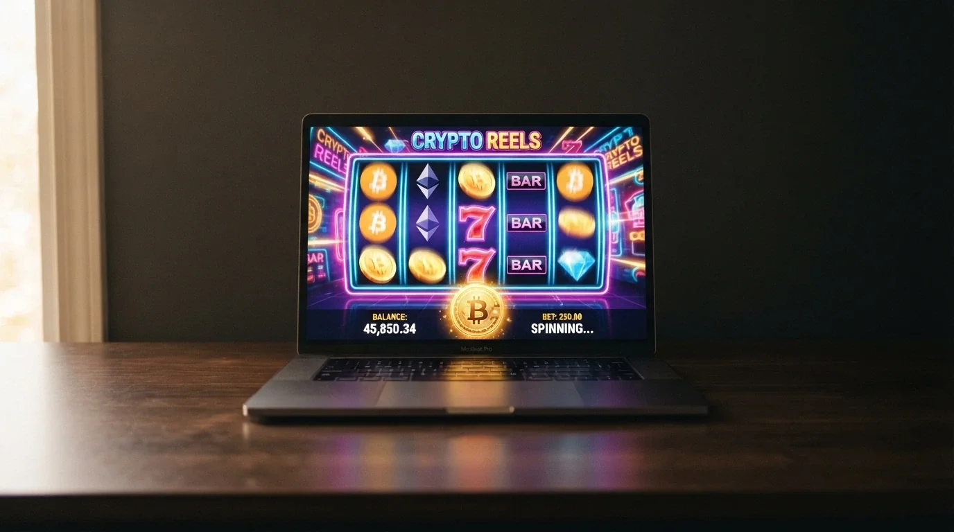 Captura de pantalla de una tragaperras online con temática cripto, mostrando los rodillos en movimiento, el saldo en BNB y el panel de RTP visible en la esquina inferior