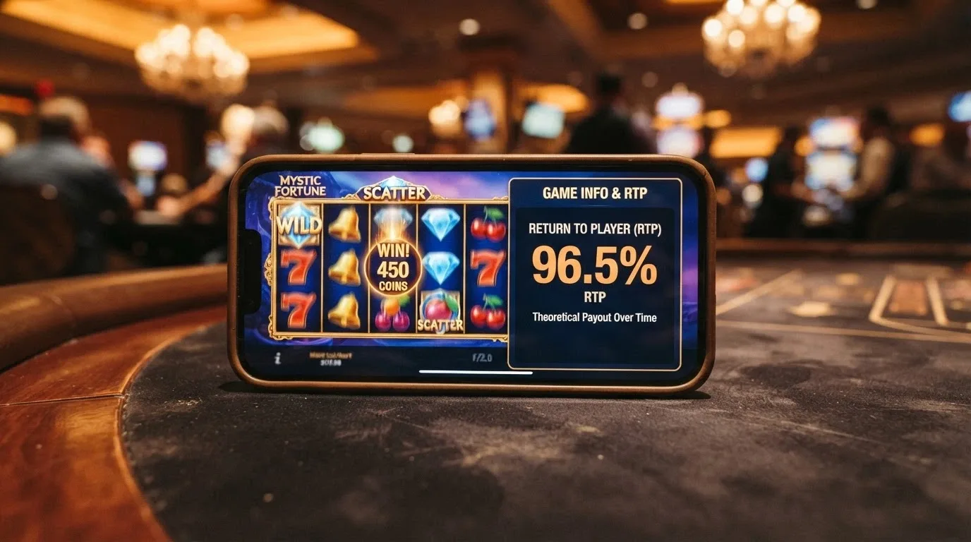 Primer plano de un móvil mostrando una tragaperras en pleno giro con el panel de información del juego desplegado donde se lee el porcentaje de RTP