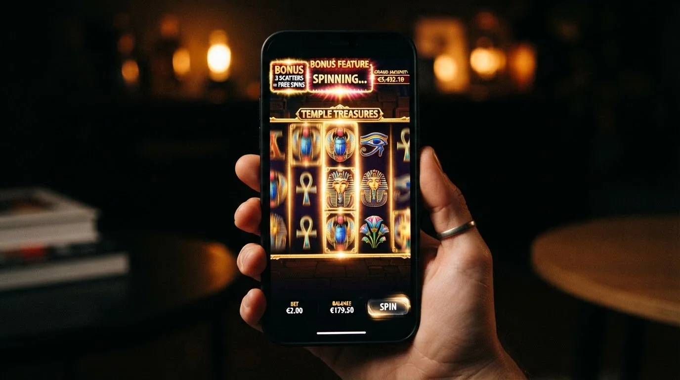 Pantalla de juego de una tragaperras online popular como Book of Dead o Wisdom of Athena con los rodillos en movimiento