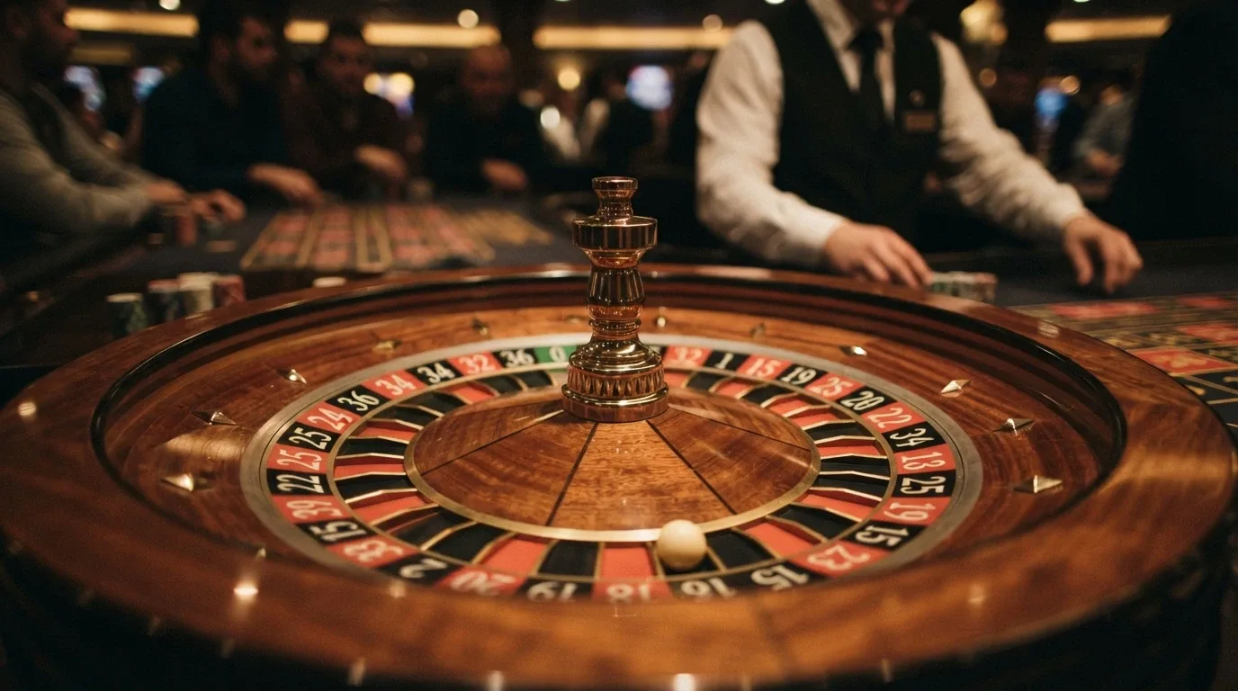 Primer plano del plato de una ruleta europea con la bola detenida sobre un número y un crupier desenfocado al fondo