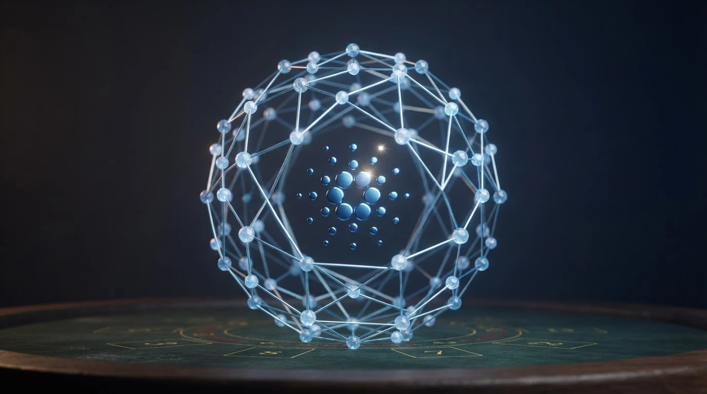 Representación visual de la blockchain de Cardano con nodos conectados y el símbolo ADA superpuesto sobre una mesa de casino