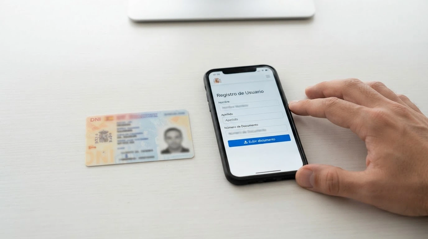 Un DNI español junto a un teléfono móvil mostrando el formulario de registro de un casino online con el campo «Subir documento» visible